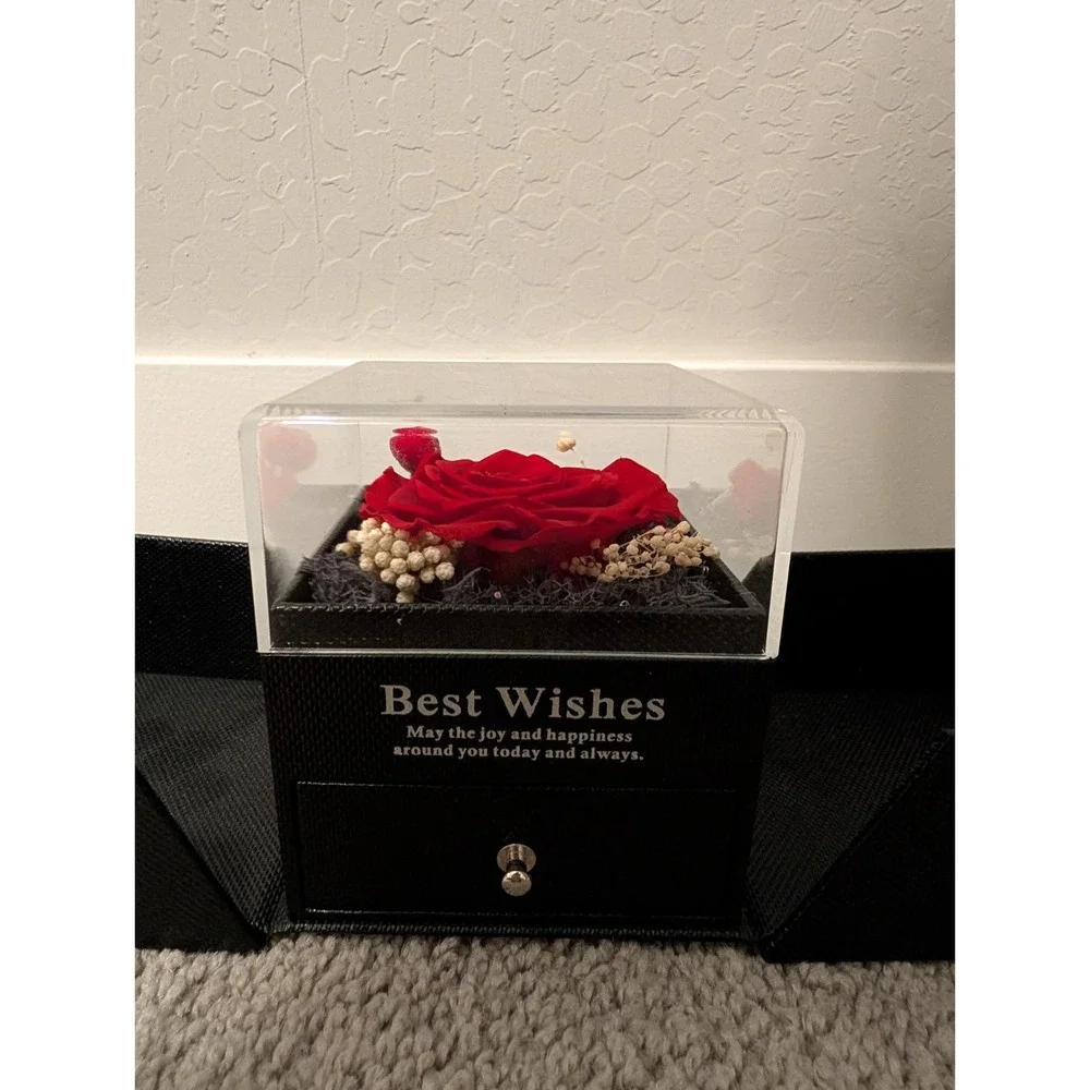 Preserved Red‎ Rose Gift Box w/ Drawer Jewelry Case | 